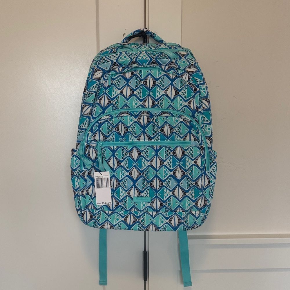 Vera Bradley Go Fish Blue Patterned Quilted Large Essential Travel Backpack NWT